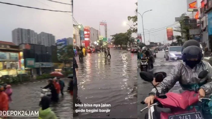 Nekat Terjang Banjir, Taksi Online Tenggelam Hanya Tinggal Atap di Jalan Bandung, Depok