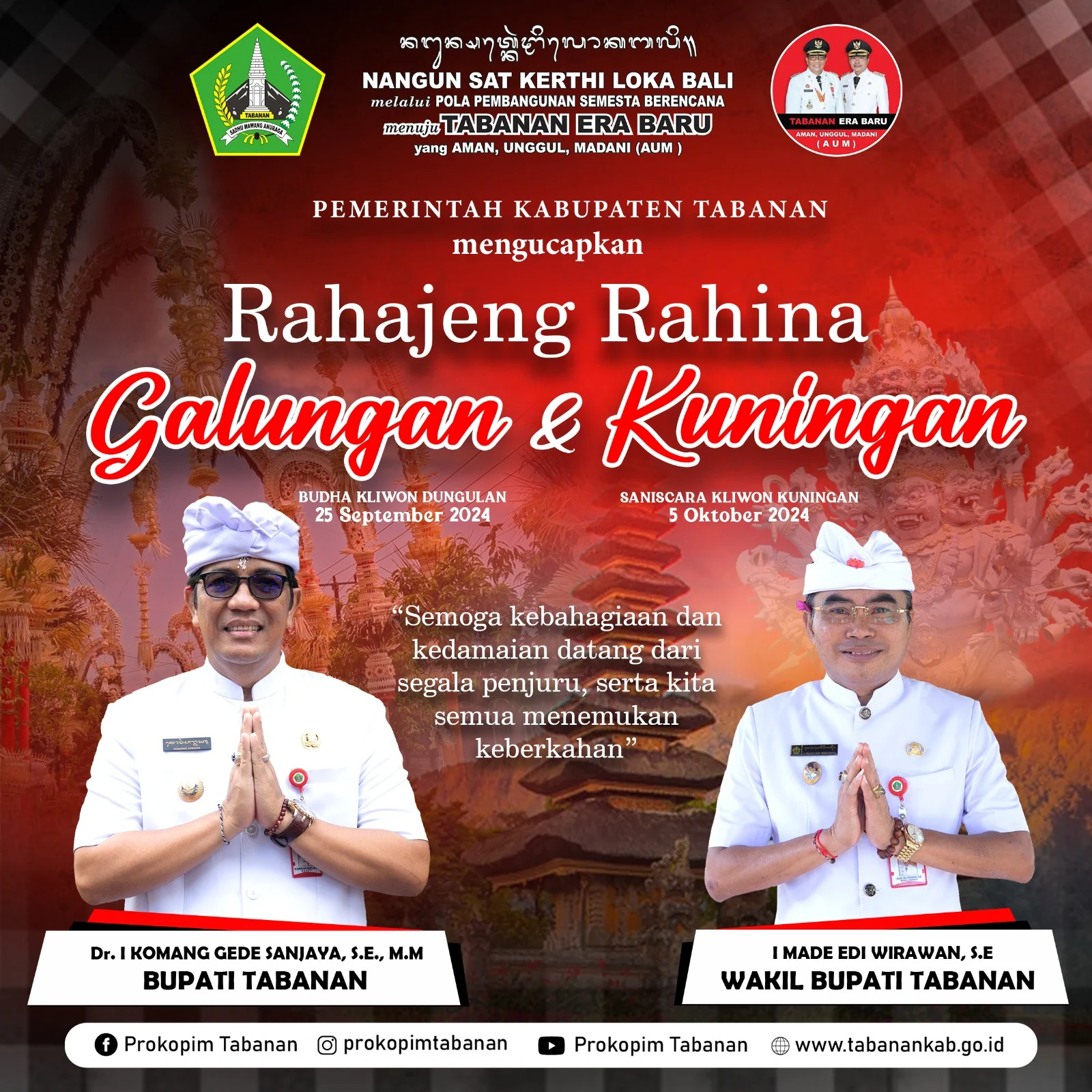 Pimpinan DPRD Tabanan Ucapkan Selamat Hari Raya Galungan dan Kuningan