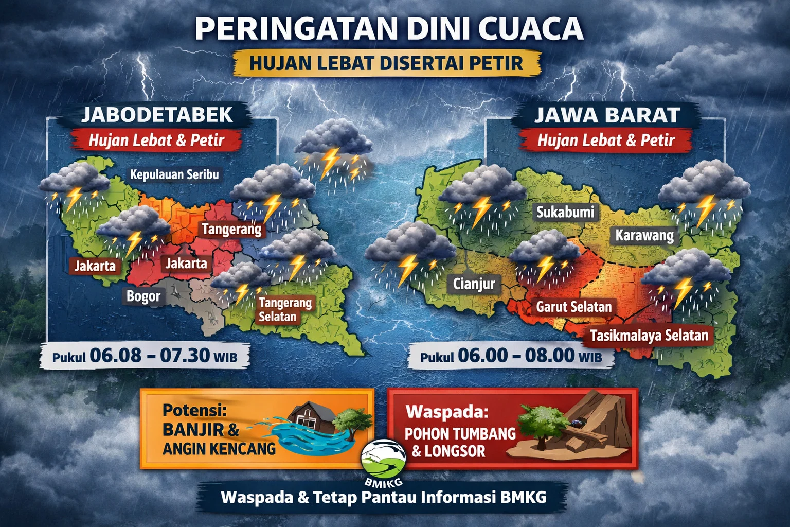 Waspada! Sebagian Besar Wilayah Indonesia Diterjang Hujan Lebat Disertai Petir dan Angin Kencang Besok